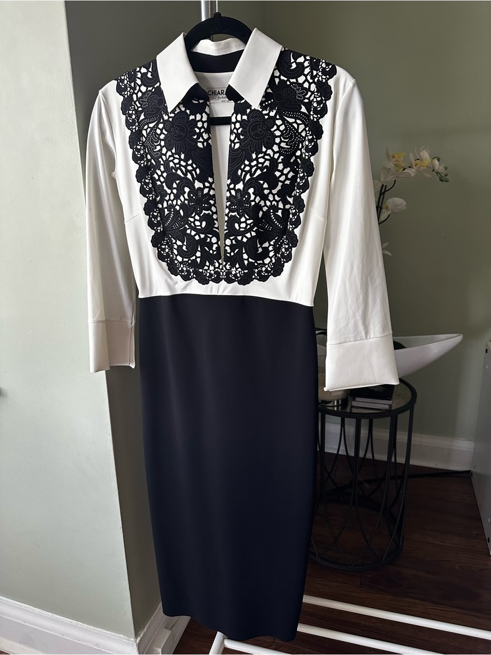 Chiara Boni Black and White Long Sleeve Lace-Front Sheath Dress